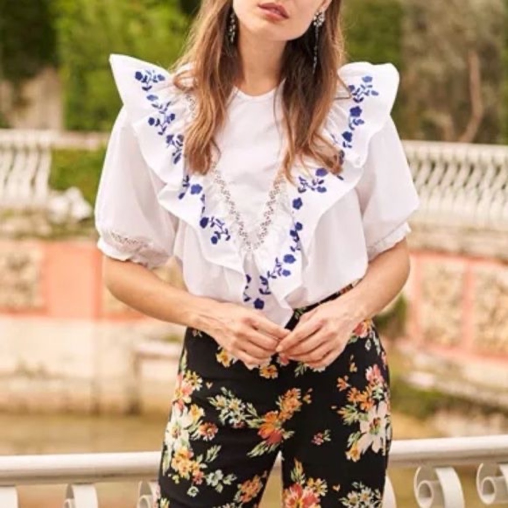 Mi Golondrina Gabriela Embroidered Blouse – White/Blue – Size L
